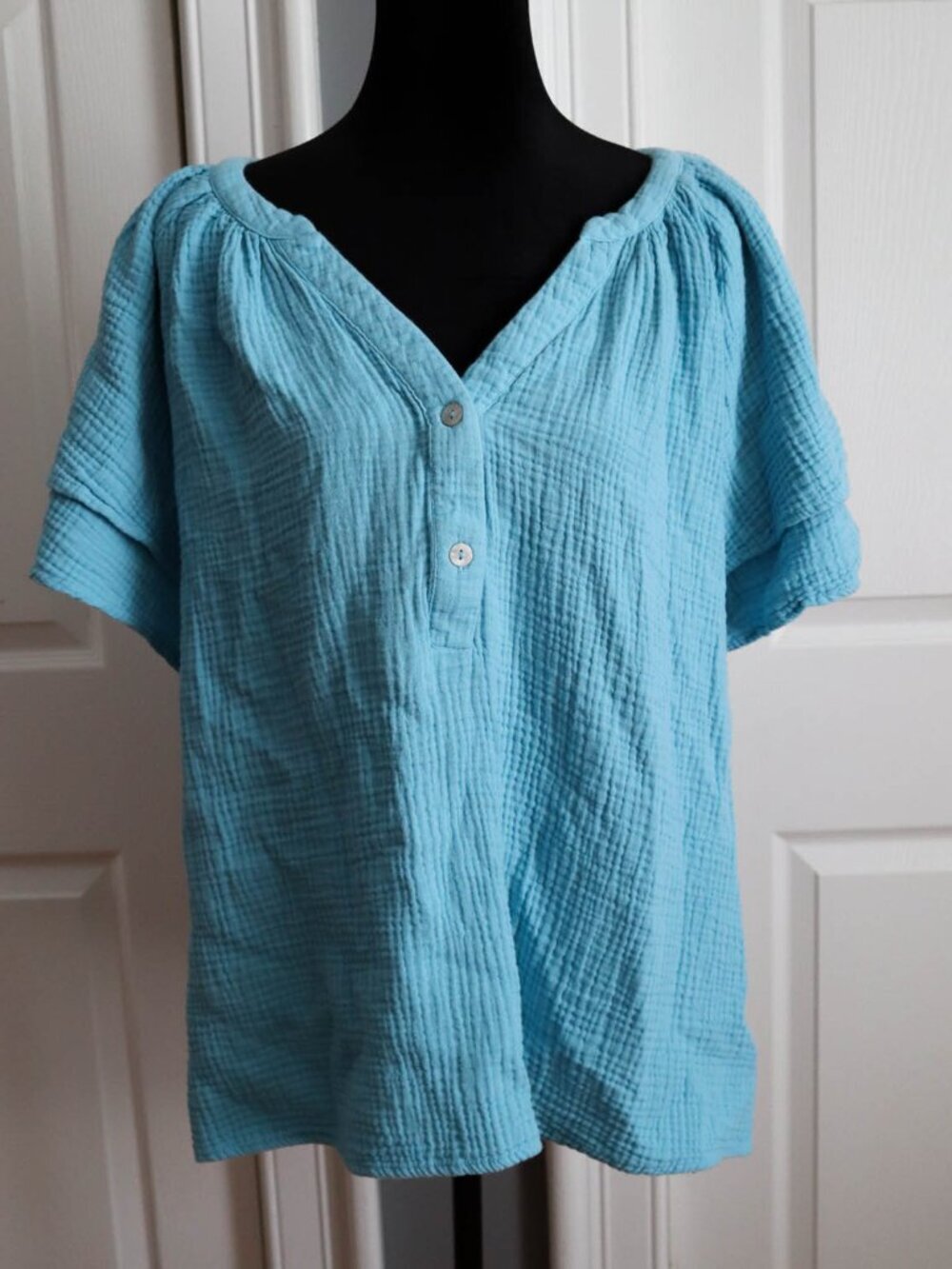 Joie 100% Cotton Gauze Flutter Sleeve Peasant Blouse Top Plus Size 1X Blue